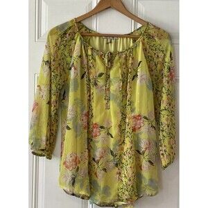 Yellow Floral Lined Peasant Beachy Boho Top Sheer Overlay Size M Cottage Core